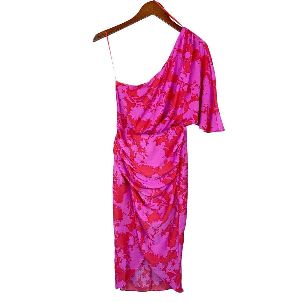 DO + BE One Shoulder Midi Dress Pink Red Floral Women's S Cocktail Wedding Guest - Picture 2 of 9